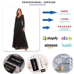 TW00072 Trendige Luxus-Abendkleider Tüll Langarm V-Ausschnitt Geschlitzt A-Linie Gefüttert Ballkleider Glänzend Schwarze Brautjungfernkleider - Product Image 4