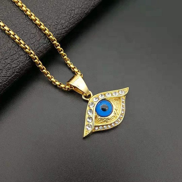 Mannen Roestvrij Stalen Sieraden Crystal Pave Hanger Vergulde Blauwe Boze Ogen Blauw Oog Ketting