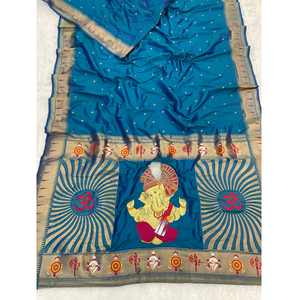 Saree de seda Paithani azul con intrincados MOTIVOS DE Dios Ganpati tejido Zari y bordes tradicionales para un aspecto étnico divino y elegante - Product Image 2