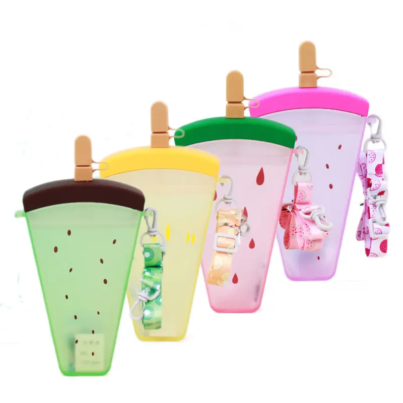 Customizable Creative Cute Kawaii Plastic With Straw&Strap Ice Cream Popsicle Shape Drink Cup