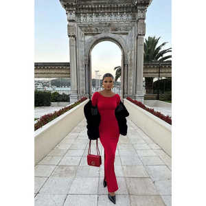 Robe de soirée rouge brodée à manches longues, style droit simple, col montant, taille empire, tailles XS-XL, pour banquets et invités de mariage - Product Image 3