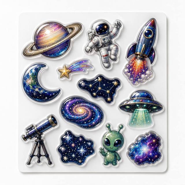 Space Galaxy Astronaut Planet 3D Epoxy Resin Stickers A6 Sheet Die-Cut Cosmic Decals DIY Crafts Waterproof Room Laptop Decor