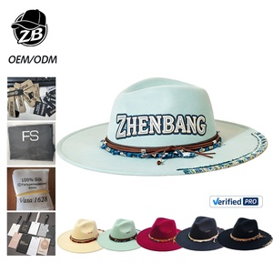 Custom Embroidered Western Felt Panama <b>Cap</b> Band Leather Cord Wide Brim Fedora <b>Hat</b> for Men Women Summer Beach Festival - Product Image 1