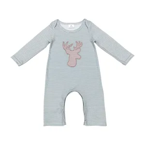 Grey Stripes Dear Embroidery Print Baby Boys Romper RTS Wholesale Toddlers Boutique Infants Hunting Clothes