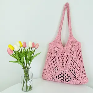 Solid colored cotton rope hand woven women's handbag artistic niche inset style hollowed out mesh pocket retro woven bag