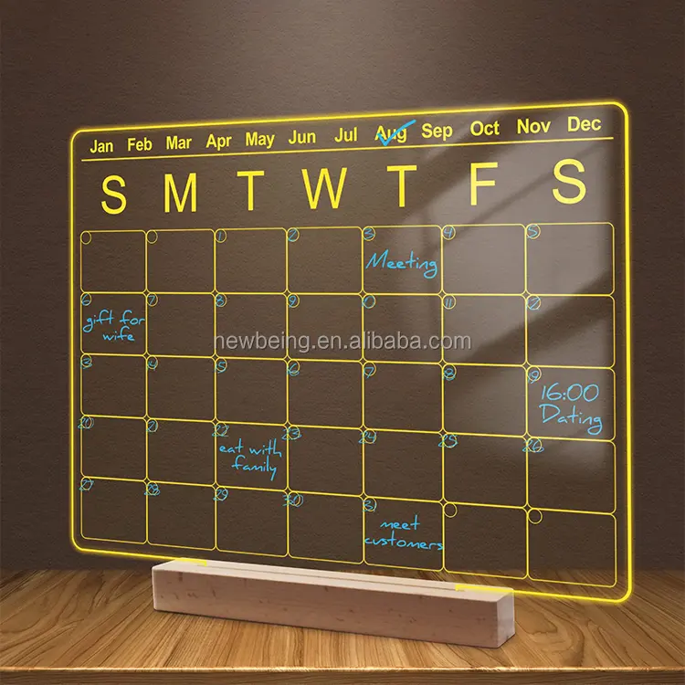 Wood Light Stand Monthly/Weekly Planner Frosted Clear Calendar Dry Erase Board LED Acrylic Desk Calendar