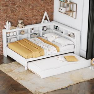 Modern Solid Wood Full Size Bed with Twin Size <strong>Trundle</strong> <strong>DayBed</strong> with Storage Shelf and USB Charging Ports White - Product Image 2