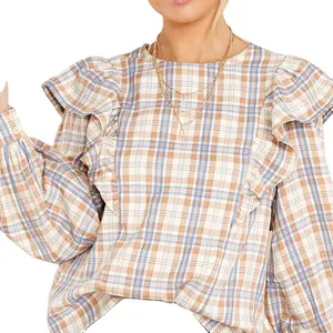 OEM日本と韓国の新しいスタイルのルーズフリルラウンドカラーチェック柄デザイントップ女性用ブラウス & シャツ