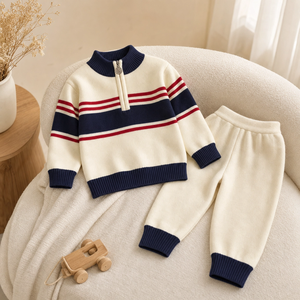 Conjunto de 2 piezas de suéter <span class=keywords><strong>y</strong></span> pantalón a rayas con cremallera media para bebé, ropa de invierno suave <span class=keywords><strong>y</strong></span> cálida para niños pequeños, venta al por mayor - Product Image 1