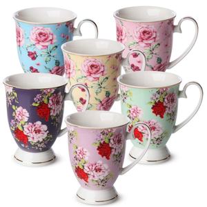Tasses à café anglaises de style royal 12 oz en porcelaine florale en porcelaine osseuse Tasse à thé Tasses à café Grandes tasses à fleurs pour le café et le thé - Product Image 1