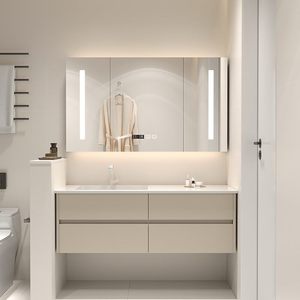 Modern Minimalist Floating Bathroom Vanity Solid Wood Cabinet with Smart LED Mirror Integrated Sink - Product Image 1