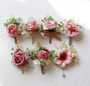 卸売ブライダル花婿ウェディングウエディングパーティー造花ビーンピンクシリーズブローチショルダーフラワーリストフラワーコサージュ - Product Image 1
