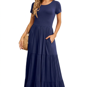 Vestido Maxi Azul Marino Ecológico con Cintura Elástica, Corte en A, Casual, de Verano, Manga Corta, Color Sólido, Dobladillo Plisado, Ajuste Regular - Product Image 1