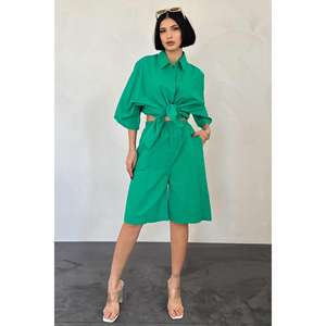 Women's <b>Linen</b> <b>Short</b>-Sleeved <b>Shirt</b> <b>and</b> <b>Shorts</b> <b>Set</b> Green Wholesale - Product Image 3