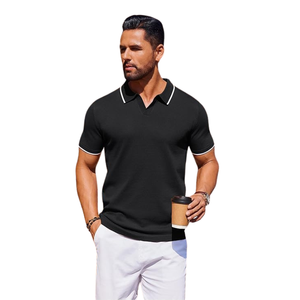 Chemise classique noire anti-rides en tricot 100% coton pour homme - Manches courtes avec imprimé brodé et bordure blanche - Product Image 2