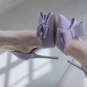 K68 New Fashionable Sweet High Heels Super High Heels Shallow Mouth Pointed Side Hollow <b>Bow</b> Single Shoes for Women - Product Image 5