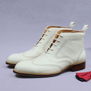 Bottes blanches populaires pour hommes, en cuir véritable, à tige haute, style Chelsea, bottes de ville pour hommes - Product Image 1