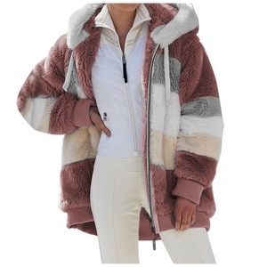 Femmes rétro mince Blazer à manches longues grande taille polaire <span class=keywords><strong>veste</strong></span> en peluche lapin hiver université fermeture éclair à capuche Parkas Patchwork - Product Image 1