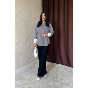 Chemise à manches longues en popeline rayée noire pour femme, chemisier classique de bureau à boutons, couleur contrastée - Product Image 3