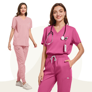 Women Hospital Scrub Set V-Neck Short Sleeve Elastic Cuff Work Uniform Moisture Wicking Knitted Split Set S XXL - Product Image 3