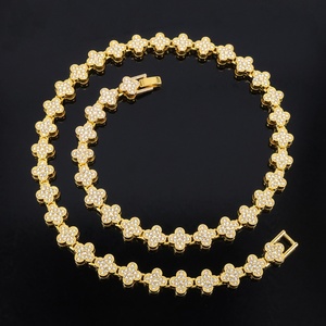 Hot Selling European American Four-leaf Clover <b>Necklace</b> Full Diamond Zircon <b>Small</b> Alloy Jewelry for Men Women Hip-Hop Style - Product Image 1