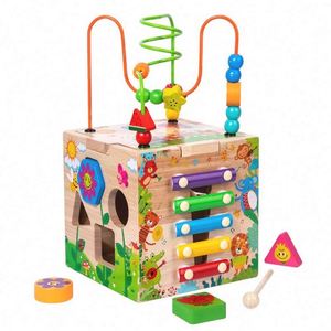 Juego de Juguetes Multifuncional, Laberinto de Cuentas, Clasificador de Formas, Cubo de Actividades de Madera 6 en 1 para Bebés - Product Image 5