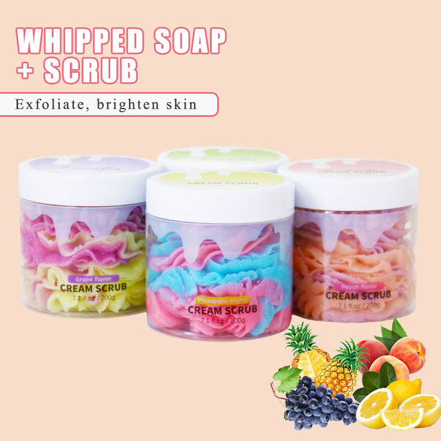 Wholesale OEM ODM Custom Logo Natural Lightening Shower Gel Cleaning Fruity Exfoliating Whitening Body Scrub Bubble Whipped Soap