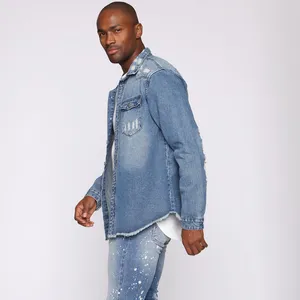 J & H 2023 güz moda rahat eğilim erkek uzun kollu jean ceket yırtık düğme yüksek sokak gömlek denim erkek ceket