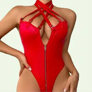 Body de cuero Sexy para mujer, nueva ropa interior con cremallera, cuero gótico de peluche con cadena para el cuello