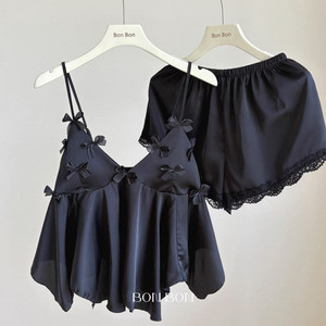 Conjunto de Pijama de Satén para Mujer, Camiseta y Pantalones Cortos, Decoración de Lazo 3D, Ribete de Encaje, Tirantes Ajustables, Ropa de Dormir Sexy y Linda para Verano - Product Image 5