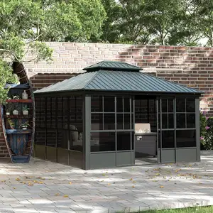 Gazebo à toit rigide en aluminium pour solarium quatre saisons avec pavillon de solarium à double toit en acier galvanisé pour terrasse, jardin et jardin.