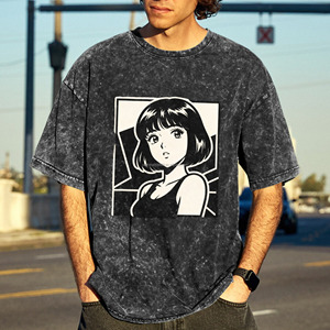 T-shirt Oversize Vintage USA en Coton Délavé à l'Acide avec Imprimé Graphique Fille <span class=keywords><strong>Manga</strong></span> Japonaise Rétro – Style Décontracté Streetwear à Manches Courtes - Product Image 1