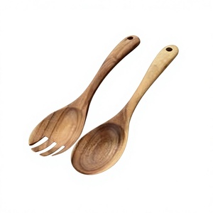 Ensemble de couverts en bois à deux nuances fourchette plate ensemble de serveur de salade de concepteur bois naturel poli mat avec poignée de trou de suspension - Product Image 1