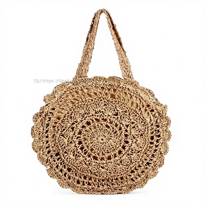 Bolso de playa de moda para mujer, tejido a mano con cuerda de papel, de hombro, con diseño hueco simple, dos flores, cierre de cremallera de poliéster, Tanjing - Product Image 1