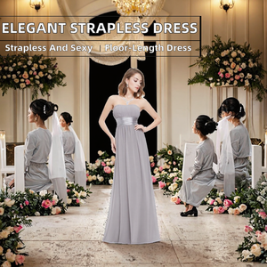 Vestido de dama de honor de gasa hasta el suelo, sin tirantes, con corpiño plisado y cinturón de satén, estilo línea A, gris clásico - Product Image 2