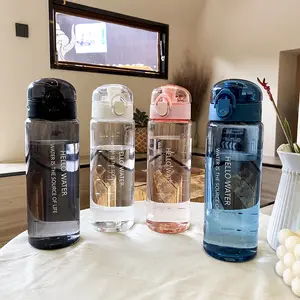 Botella de agua deportiva de gran capacidad de alta calidad, botella de agua de plástico graduada con paja y mango para estudiantes