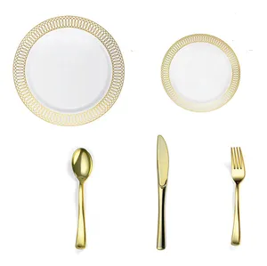 Placas de carregador de plástico descartáveis, design de flor extravagante, dourado, gravata, aparelhos de jantar para festa