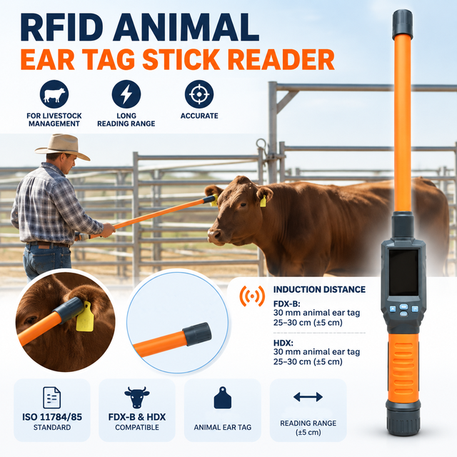 134.2KHz Microchip Scanner Long Stick ABS Handheld Ear Tag Reader 125KHz Frequency