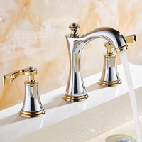 Robinet de lavabo de salle de bain noir et or, robinet en laiton moderne à trois trous, robinet de lavabo à double poignée, mélangeur d'eau froide et chaude