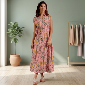 Vestido Midi sin Mangas con Cuello en V y Estampado Floral al por Mayor, Estilo Bohemio, Ropa Casual de Verano - Product Image 2