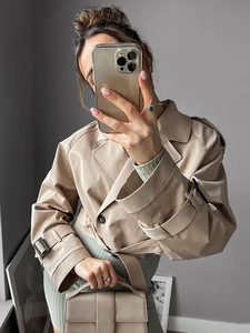 Haute qualité printemps Streetwear à manches longues avec ceinture bouton unique <span class=keywords><strong>court</strong></span> femmes recadrée <span class=keywords><strong>Trench</strong></span> <span class=keywords><strong>kaki</strong></span> revers vestes manteau - Product Image 5