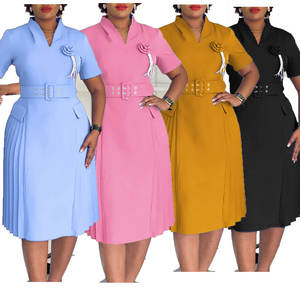 <span class=keywords><strong>ATR</strong></span>-584 vente en gros grande taille taille Empire solide bureau femmes a-ligne robe mi-longue écologique plissé épissé ceinture printemps automne - Product Image 1