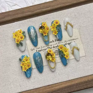 <span class=keywords><strong>Uñas</strong></span> Postizas al por Mayor, Hechas a Mano, Coloridas, con Diseño de <span class=keywords><strong>Girasol</strong></span>, Forma Corta, Acrílicas, con Detalles de Osmanthus - Product Image 1