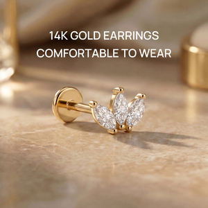 Piercing Labret de Titanio G23 con Zirconia y Oro Sólido de 14K, Diseño Minimalista de Triple Marquise en Forma de Abanico, Parte Trasera Plana y Rosca Interna para Cartílago - Product Image 2