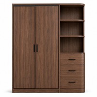 Armoire à portes coulissantes en bois de noyer brun foncé, étagères ouvertes, 3 tiroirs, en kit (KD), contreplaqué mélaminé, fabrication OEM/ODM sur mesure