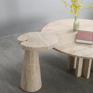 Ensemble de <span class=keywords><strong>table</strong></span> basse et <span class=keywords><strong>table</strong></span> d'appoint <span class=keywords><strong>en</strong></span> <span class=keywords><strong>travertin</strong></span> nordique contemporain pour les espaces de <span class=keywords><strong>salon</strong></span> commerciaux Tables rondes Wabi Sabi - Product Image 2
