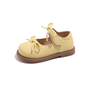 Chaussures Mary Jane en cuir pour filles, tendance 2025, avec nœud, nouvelle collection printemps/automne, pour fête de princesse, couleur unie jaune/creme, aspect artificiel - Product Image 6