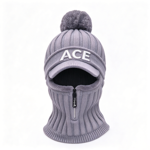 ACE <b>Pom</b> <b>Pom</b> Brim Beanie <b>Hat</b> with Brim Rib Knit <b>Hat</b> Fleece Lined Zipper Neck Warmer Face Cover Outdoor Ski Cycling - Product Image 3