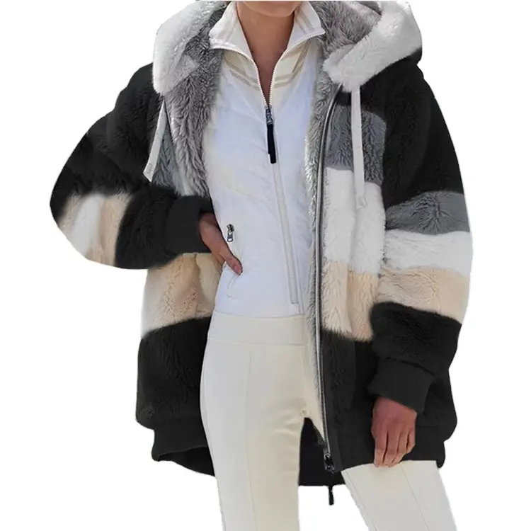 2021 sonbahar kış renk bloğu Zip Up artı boyutu sıcak polar kürk kapşonlu hırka ceket kadın