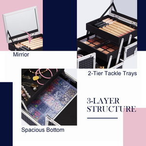 Trousse de Maquillage Portable de Voyage avec Miroir, Grande Capacité, Imperméable, Organiseur à 2 Plateaux, Étui de Transport pour Cosmétiques et <span class=keywords><strong>Accessoires</strong></span> Bijoux - Product Image 6